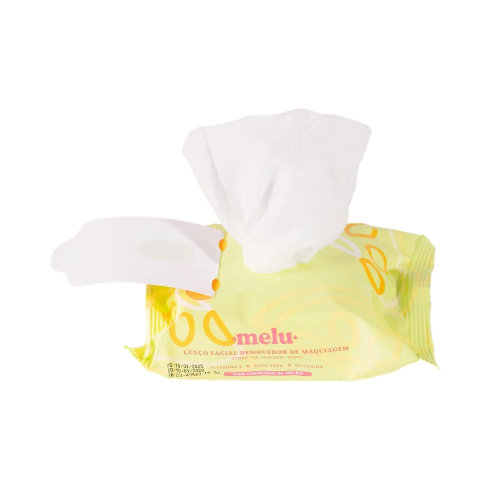 Frente do pacote de Lenço Facial Melu Removedor de Maquiagem 25 Unidades